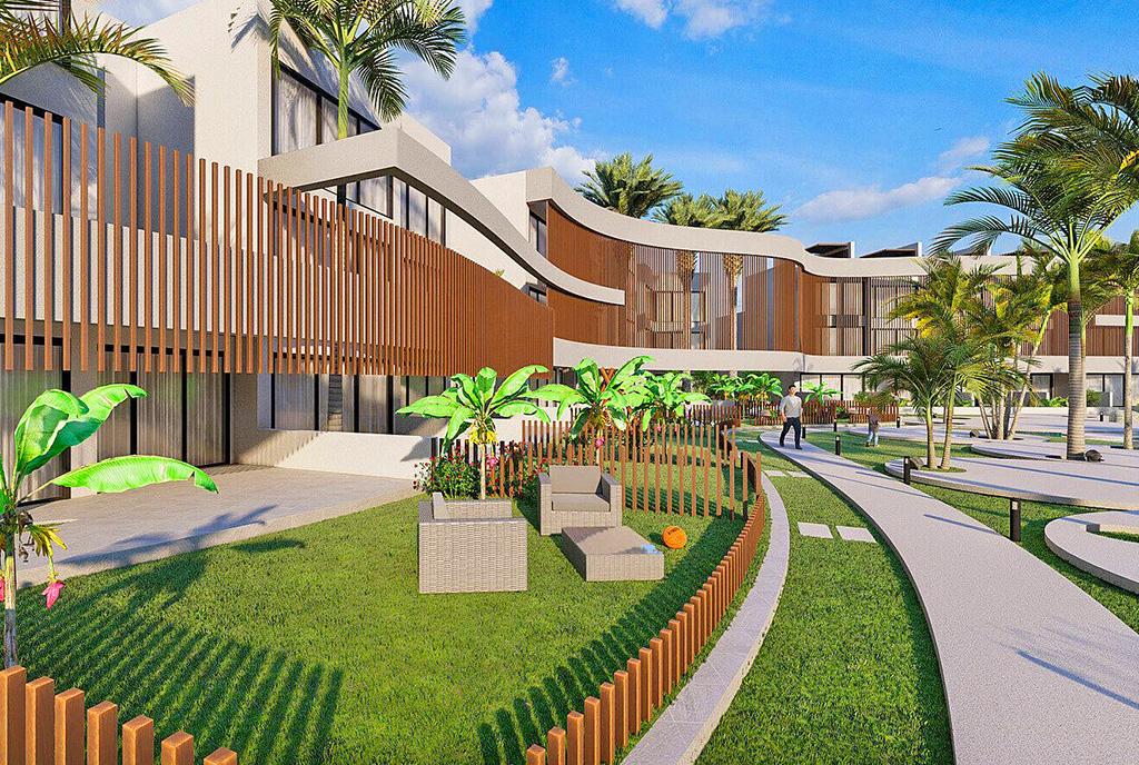 przepiękna zieleń wokół apartamentowca, gdzie mieści się oferowany na sprzedaż luksusowy paartament Cypr (Famagusta)