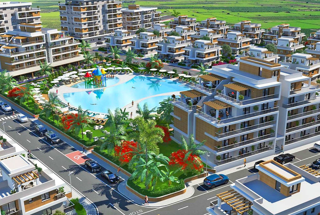 widok z lotu ptaka na osiedle, gdzie mieści się luksusowy apartament do sprzedaży Cypr (Iskele)