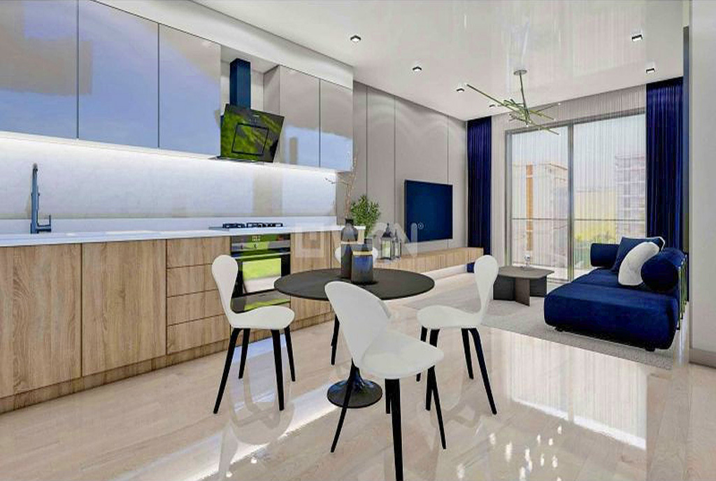 zaaranżowany we współczesnym designie salon w luksusowym apartamencie na sprzedaż Cypr (Iskele)