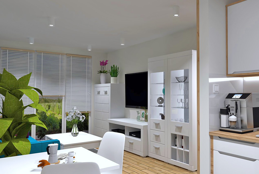 widok na jadalnię, w oddali salon w luksusowym apartamencie do sprzedaży Częstochowa (okolice)