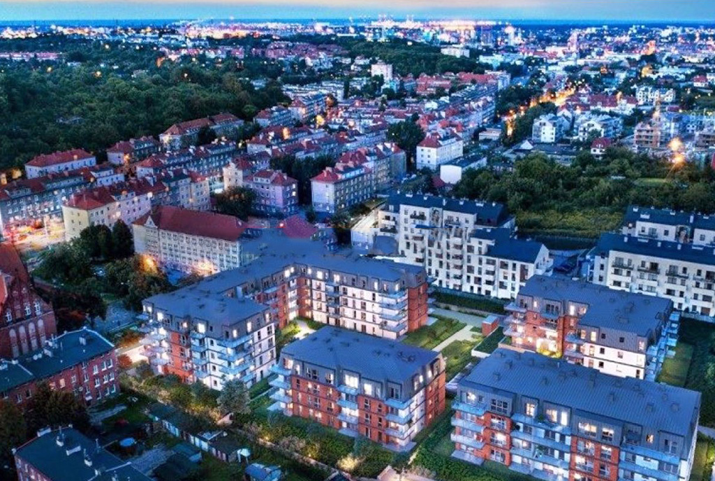widok z lotu ptaka na osiedle, gdzie znajduje się oferowany na sprzedaż ekskluzywny apartament na sprzedaż Gdańsk