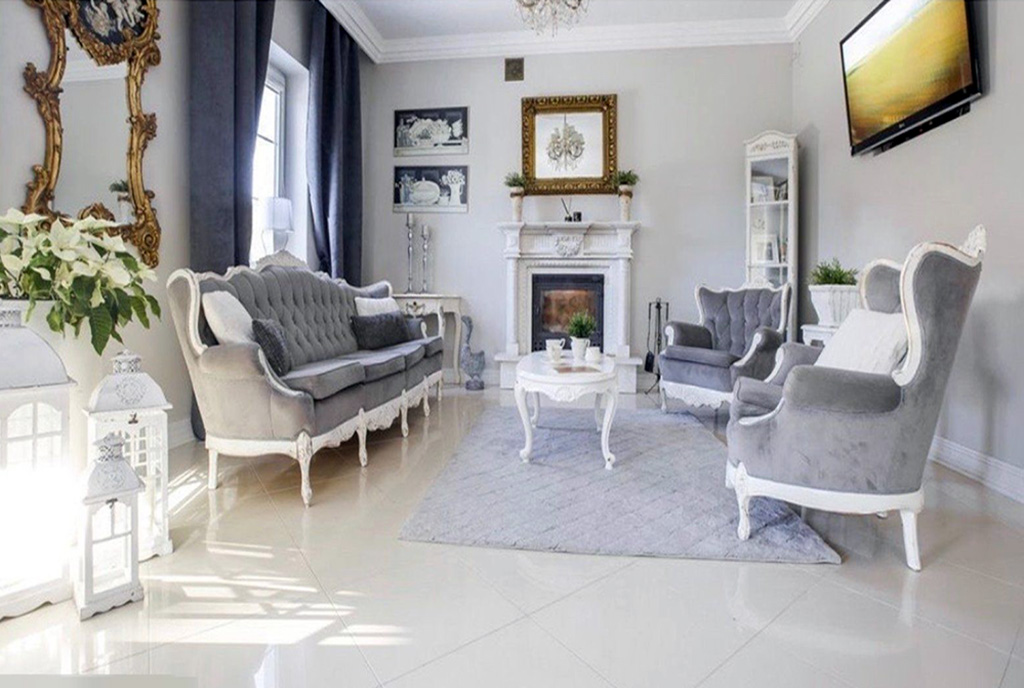 wytworny salon z kominkiem w luksusowej willi do sprzedaży Rzeszów (okolice)