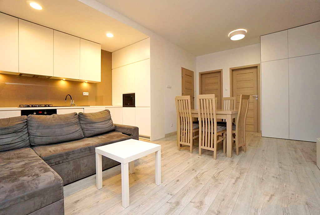 kameralny pokój dzienny w luksusowym apartamencie do wynajmu Konin