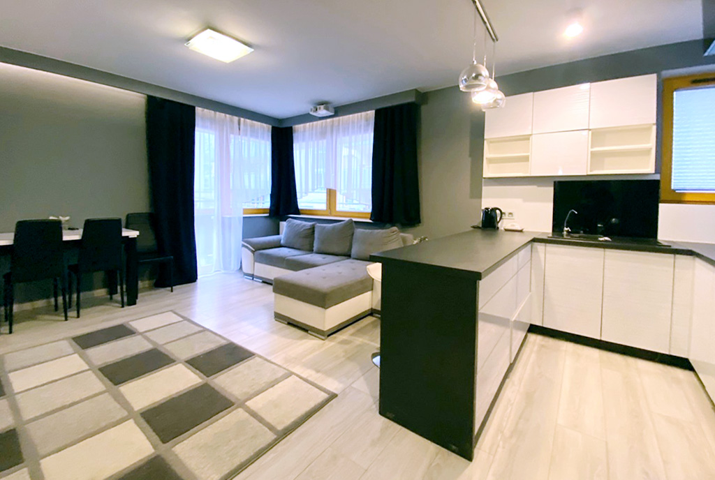 po lewej pokój dzienny, po prawej kuchnia w luksusowym apartamencie do wynajmu Szczecin