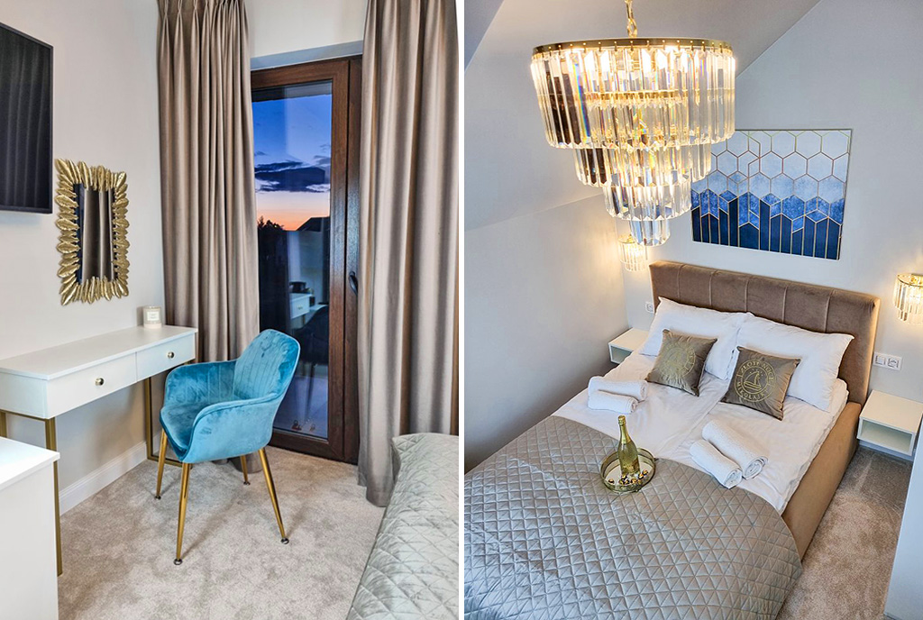 widok na pokój dzienny i sypialnię w ekskluzywnej willi do sprzedaży Mazury