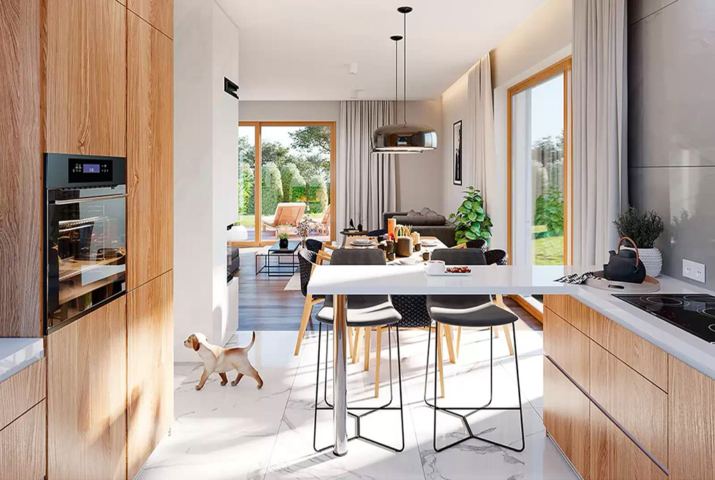 widok na jadalnię i pokój dzienny w luksusowej willi na sprzedaż Zielona Góra (okolice)