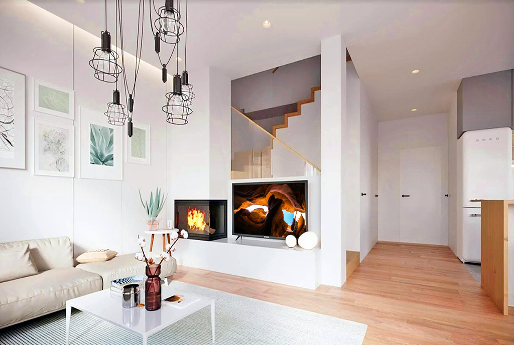 przepiękny, elegancki kominek w pokoju dziennym luksusowej willi na sprzedaż Gdańsk (okolice)