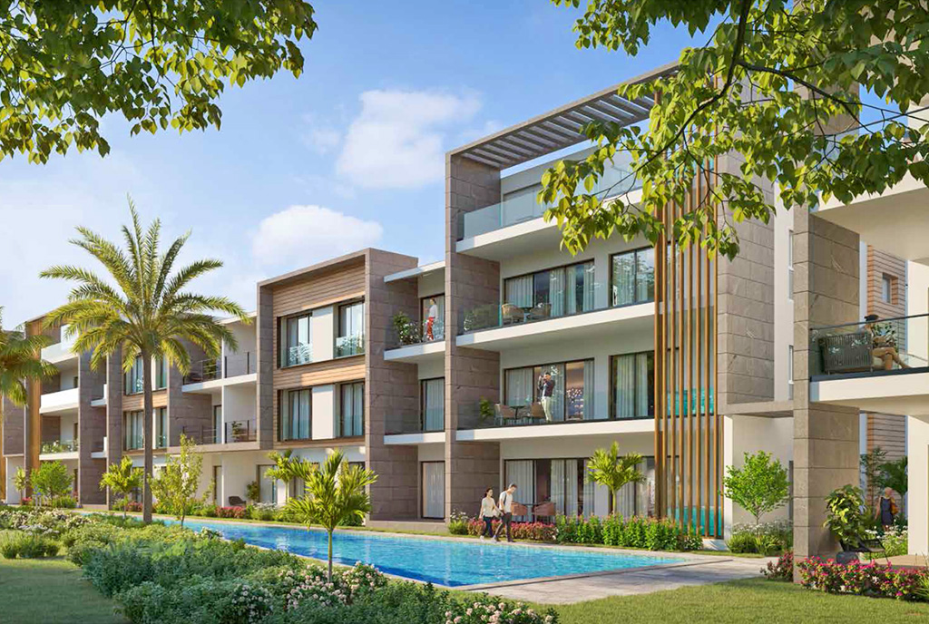 zbliżenie na osiedle z basenem, gdzie mieści się oferowany na sprzedaż luksusowy apartament Dominikana (Punta Cana)