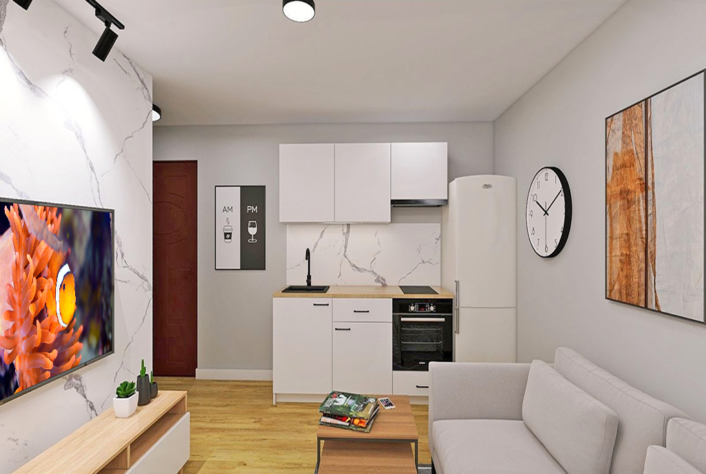widok na aneks kuchenny w luksusowym apartamencie na sprzedaż Elbląg