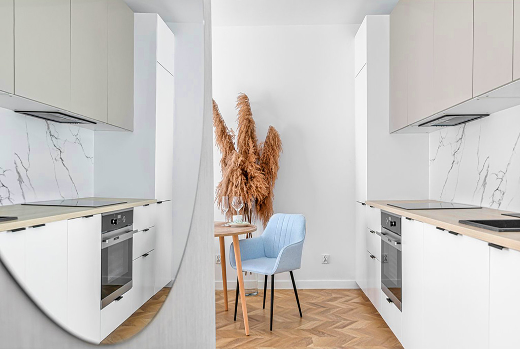 ciekawa kuchnia w bieli w luksusowym apartamencie na sprzedaż Gdańsk