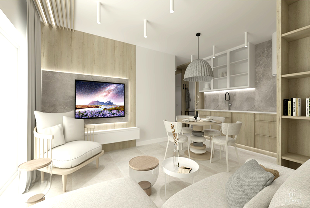 nowoczesna wizualizacja prezentująca pokój gościnny w luksusowym apartamencie do sprzedaży Ustroń