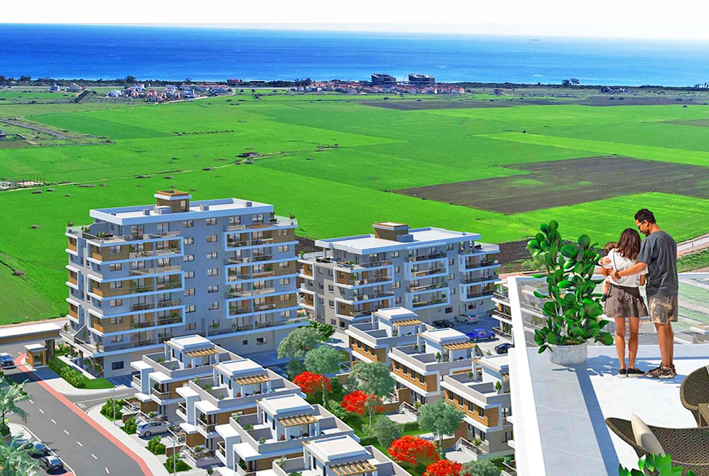 rzut z lotu ptaka na osiedle, w którym znajdziemy oferowany do sprzedaży ekskluzywny apartament Cypr (Iskele)