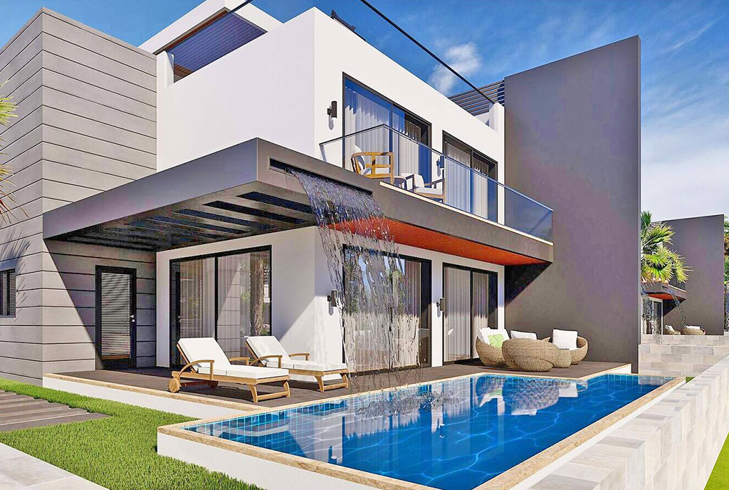 na pierwszym planie basen, za nim luksusowa willa do sprzedaży Cypr (Iskele)