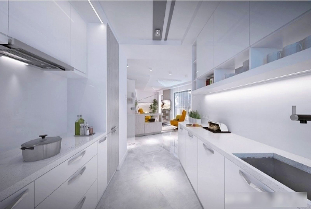 zaprojektowana w bieli kuchnia w luksusowqym apartamencie na sprzedaż Wisła