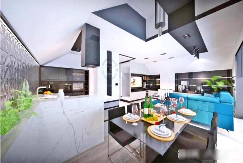 na pierwszym planie jadalnia, w tle aneks kuchenny w luksusowym apartamencie na sprzedaż Wisła