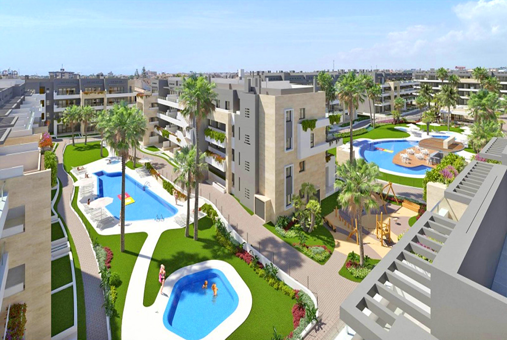 widok z lotu ptaka na osiedle, gdzie mieści się oferowany na sprzedaż luksusowy apartament Hiszpania (Playa Flamenca)