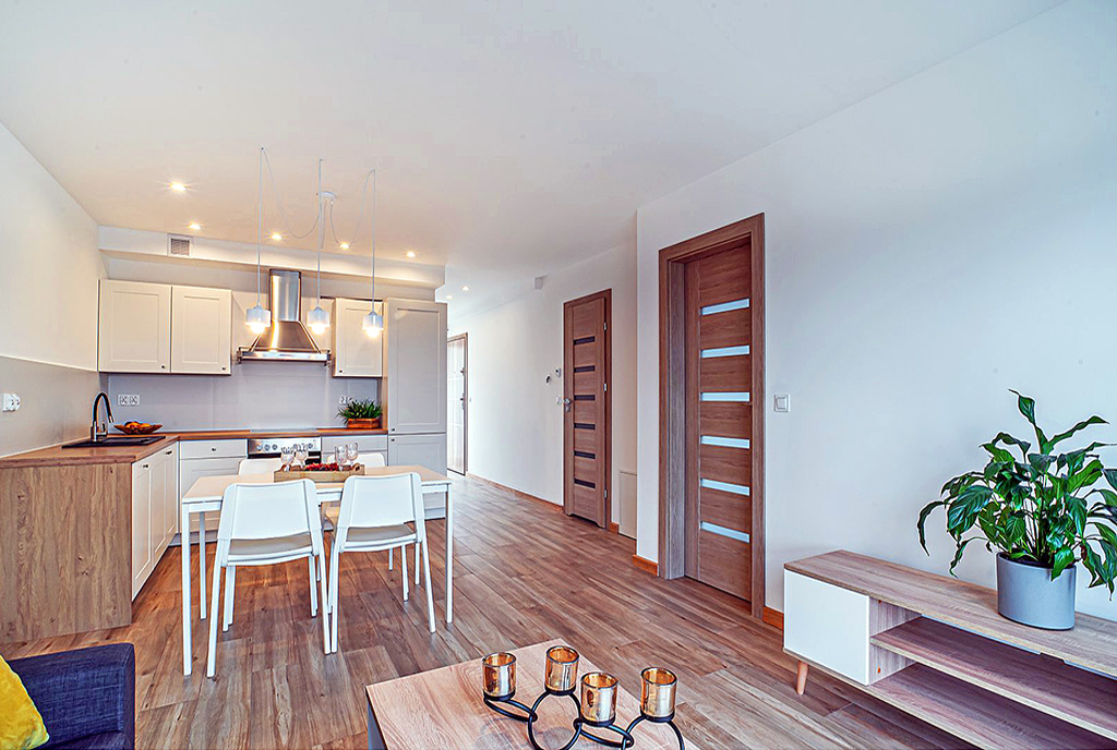 na zdjęciu pokój gościnny i aneks kuchenny w ekskluzywnym apartamencie na wynajem Bolesławiec