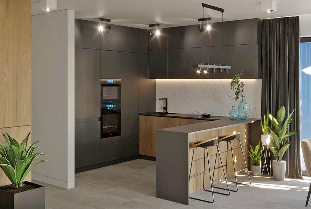 zaprojektowana w nowoczesnym stylu kuchnia w luksusowej willi na sprzedaż Ustroń