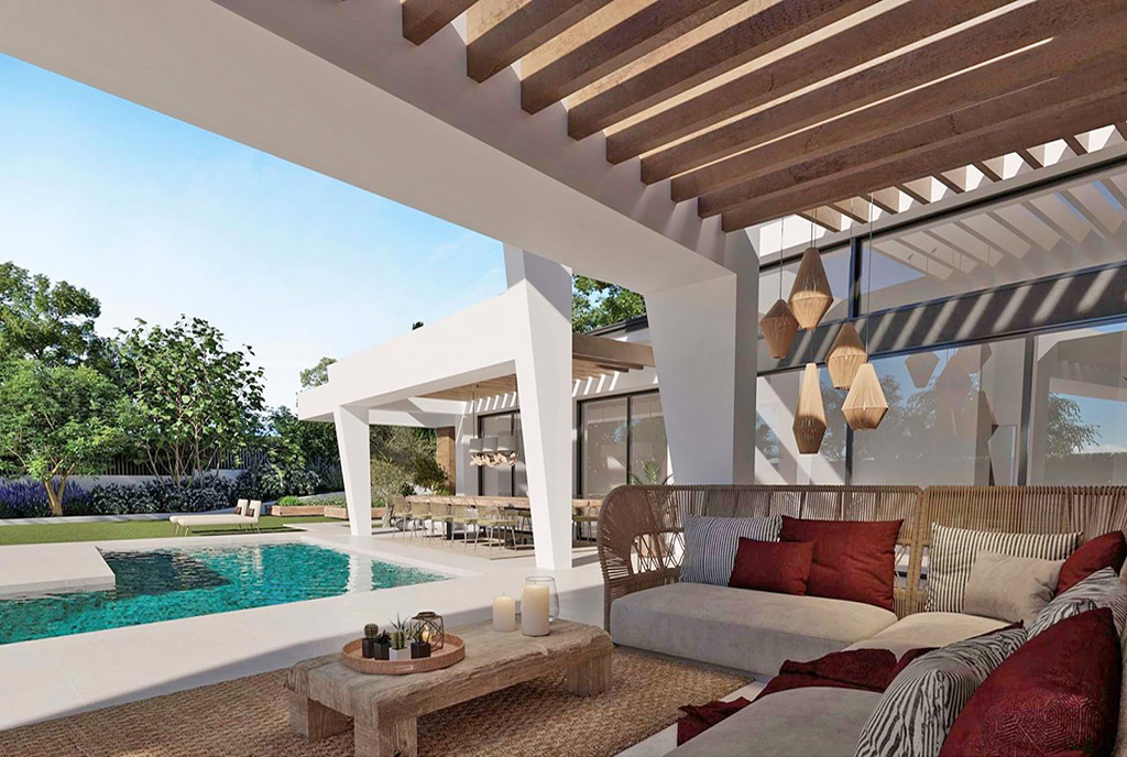 zacieniony taras przy ekskluzywnej willi na sprzedaż Hiszpania (Marbella)