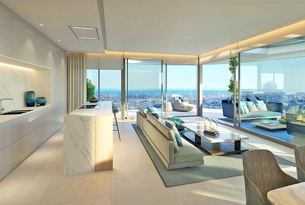 zaprojektowany w nowoczesnym designie salon w ekskluzywnym apartamencie do sprzedaży Hiszpania (Benahavís)