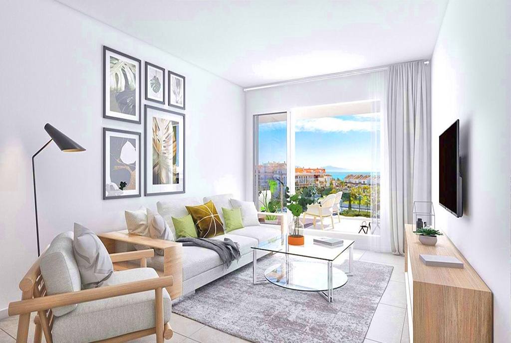 słoneczny pokój dzienny w ekskluzywnym apartamencie do sprzedaży Hiszpania (Manilva)