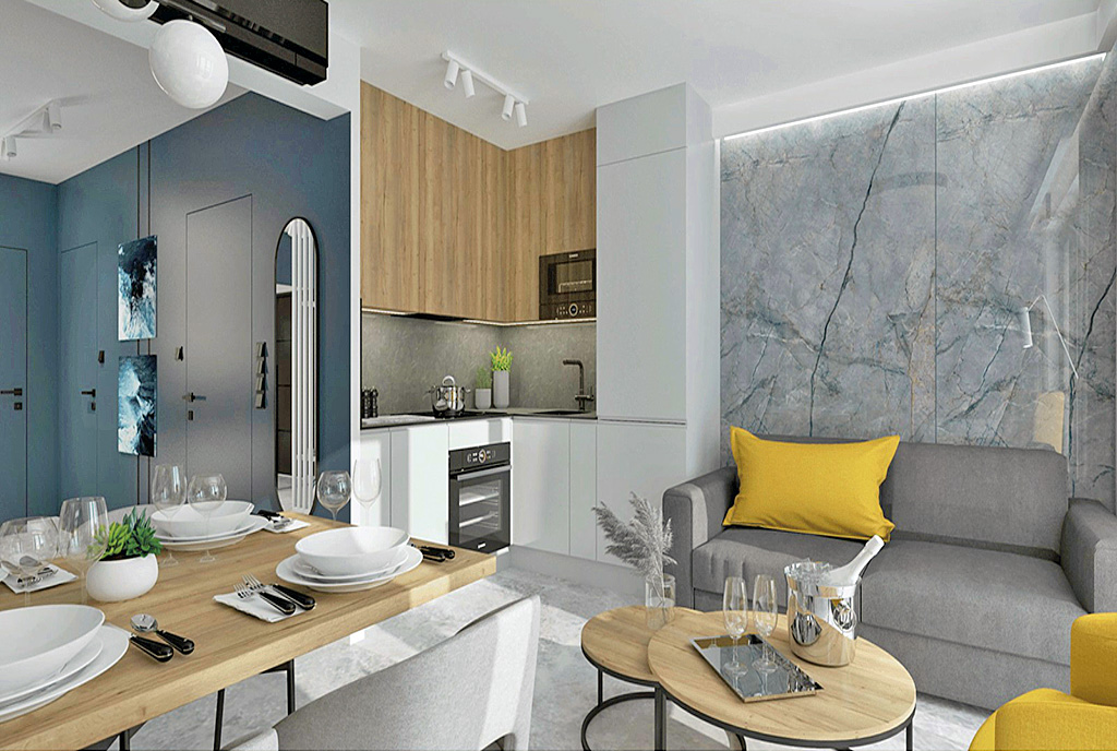 nowoczesny salon i kuchnia w ekskluzywnym apartamencie do sprzedaży Koszalin (okolice)