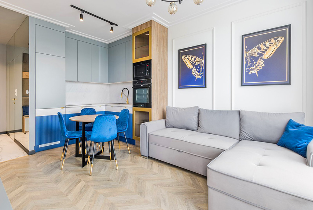 futurystyczny design pokoju dziennego w luksusowym apartamencie do wynajmu Gdańsk