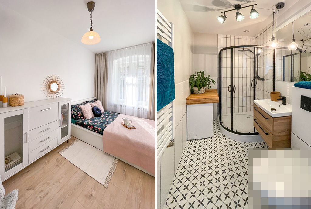 po lewej sypialnia, po prawej łazienka w luksusowym apartamencie na wynajem Wrocław