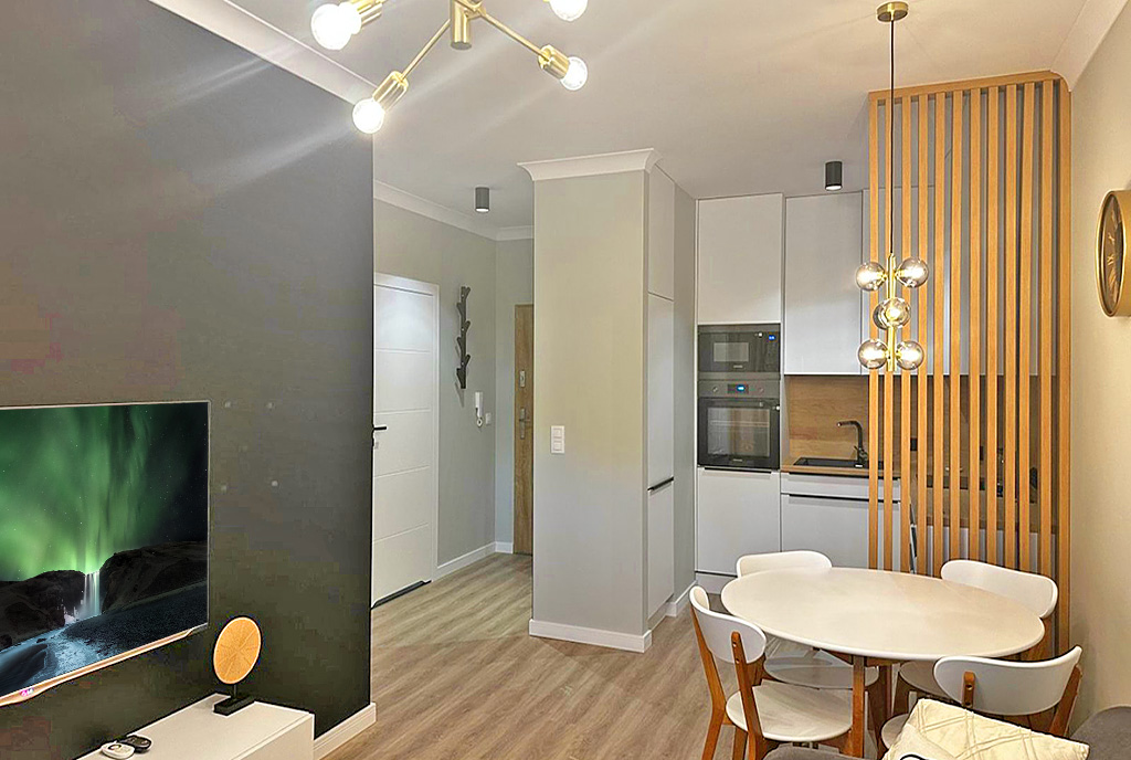 widok na aneks kuchenny w luksusowym apartamencie do wynajmu Słupsk