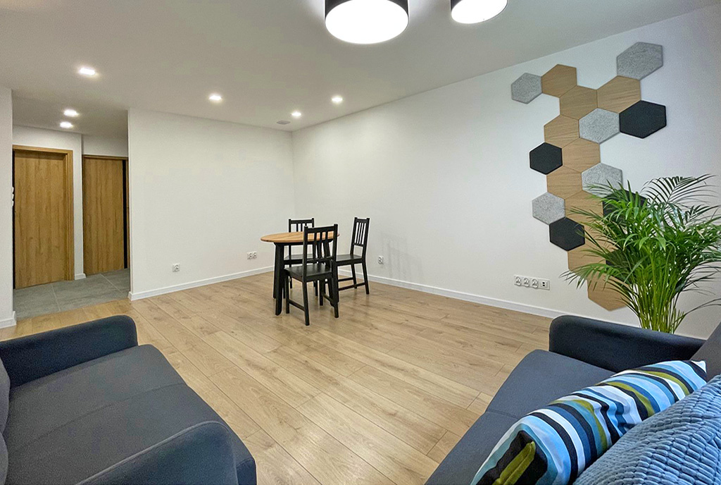 przeciwległa ściana pokoju dziennego w luksusowym apartamencie na sprzedaż Katowice (okolice)