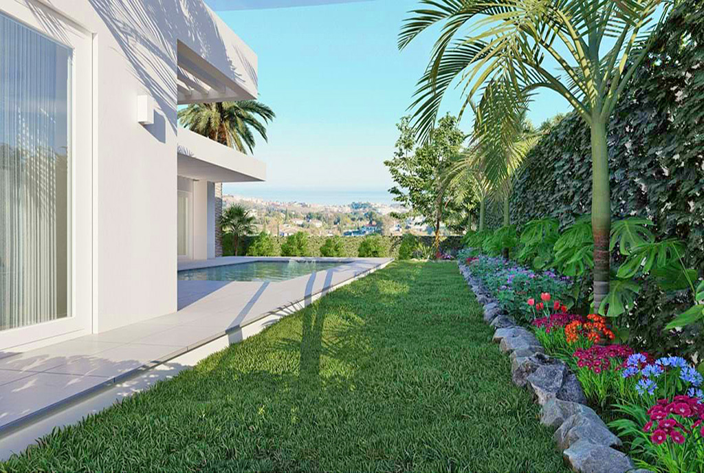 porośnięty przepiękną zielenią ogród przy luksusowej willi na sprzedaż Hiszpania (Mijas)