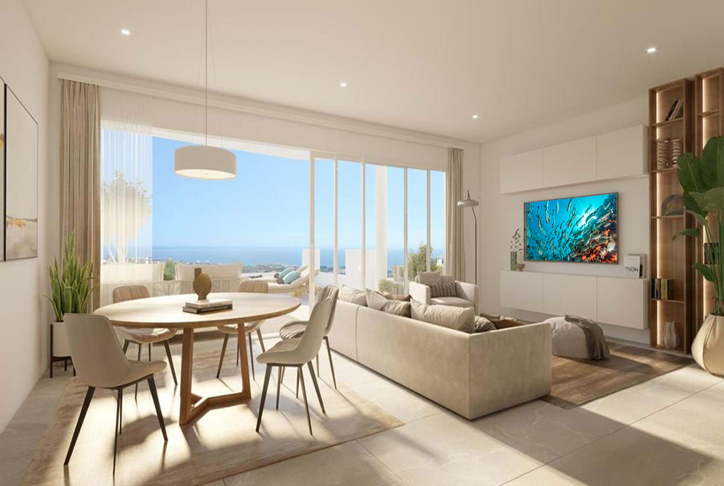 słoneczny pokój dzienny w ekskluzywnym apartamencie do sprzedaży Hiszpania (Benalmadena)