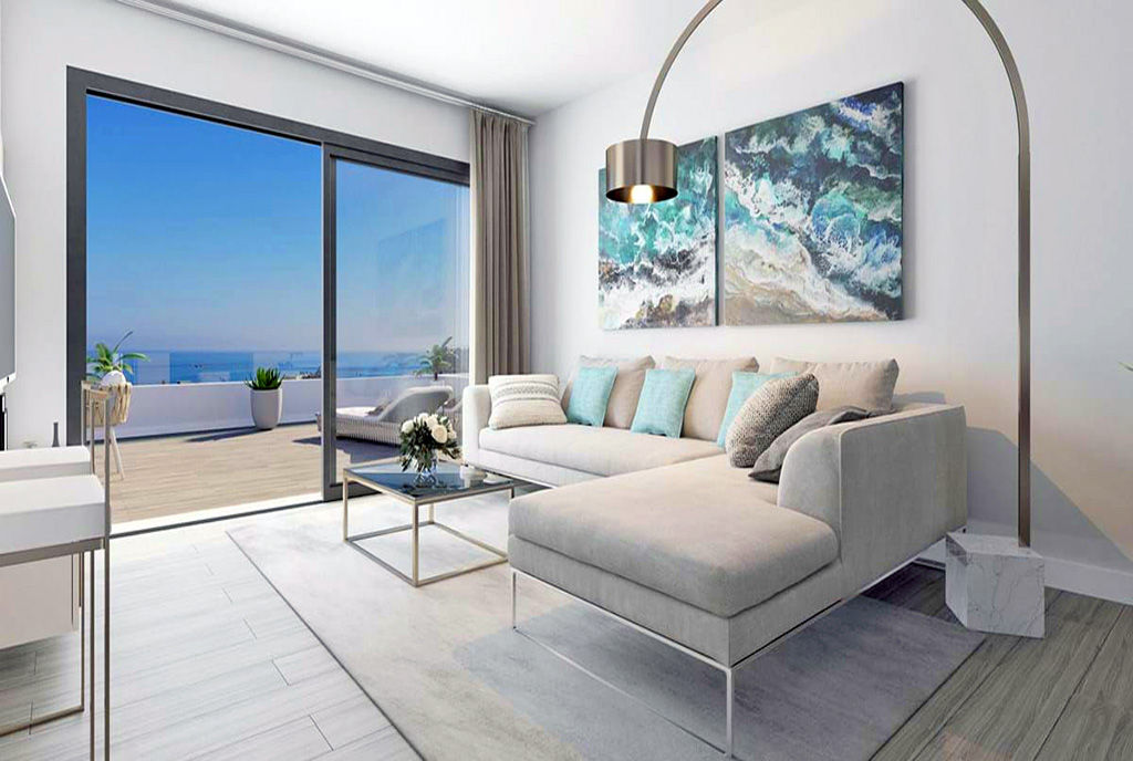 przeciwległa ściana pokoju dziennego w luksusowym apartamencie na sprzedaż Hiszpania (Estepona)