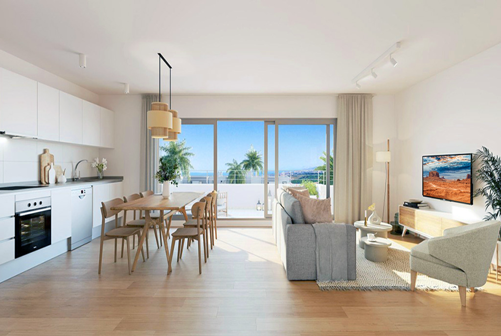 słoneczny pokój dzienny w ekskluzywnym apartamencie do sprzedaży Hiszpania (Estepona)