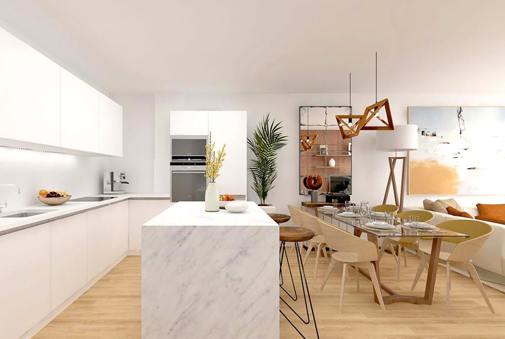 na pierwszym planie jadalnia w luksusowym apartamencie na sprzedaż Hiszpania (Mijas)