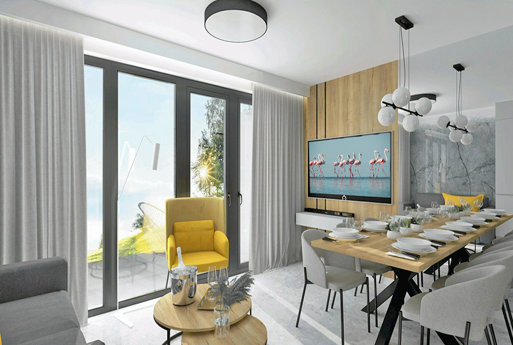 zaaranżowany we współczesnym designie pokój dzienny i kuchnia w luksusowym apartamencie na sprzedaż Koszalin (okolice)