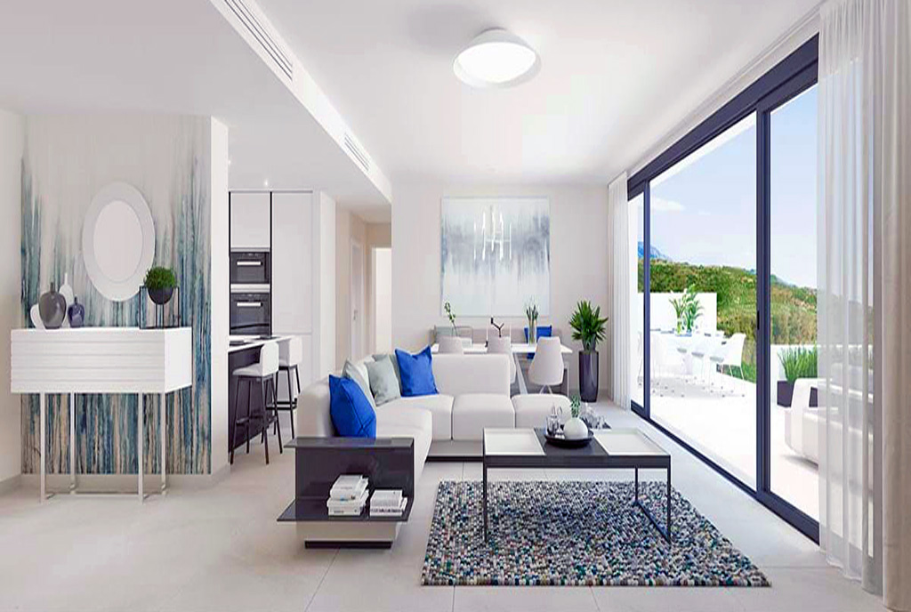 futurystyczny design salonu w ekskluzywnym apartamencie do sprzedaży Hiszpania (La Cala Golf)