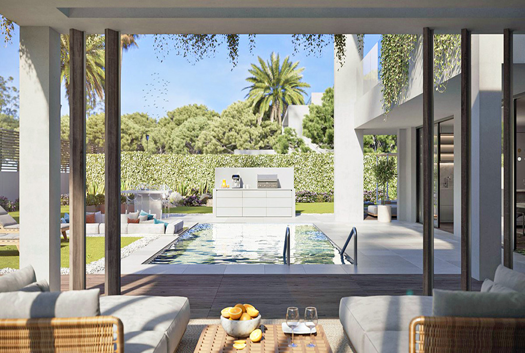 zatopiony w zieleni taras przy ekskluzywnej willi na sprzedaż Hiszpania (Manilva)