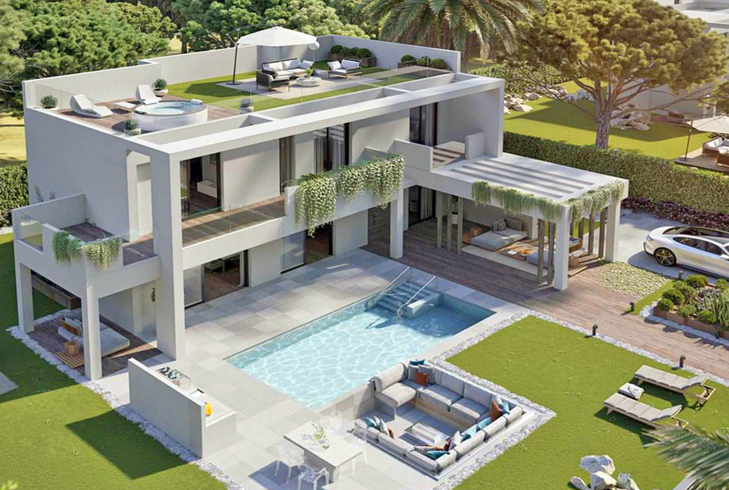 widok z góry, z drona na ekskluzywną willę do sprzedaży Hiszpania (Manilva)