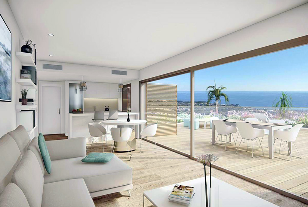 widok na taras oraz salon w ekskluzywnym apartamencie do sprzedaży Hiszpania (Estepona)