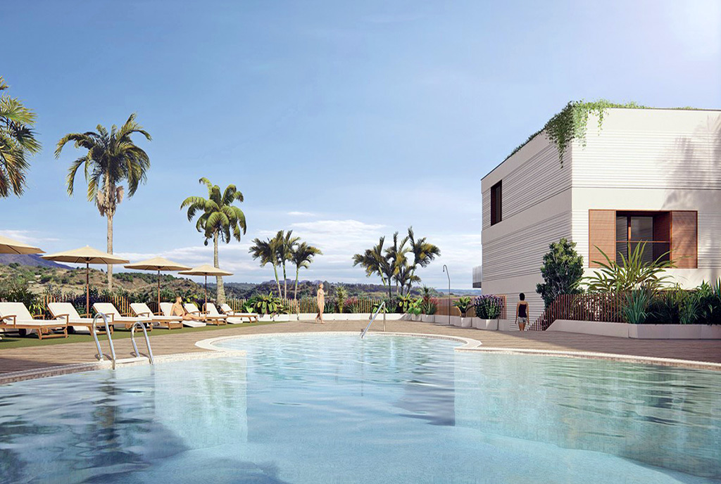 okazały basen w częściach wspólnych osiedla, gdzie znajduje się oferowany na sprzedaż ekskluzywny apartament Hiszpania (Estepona)