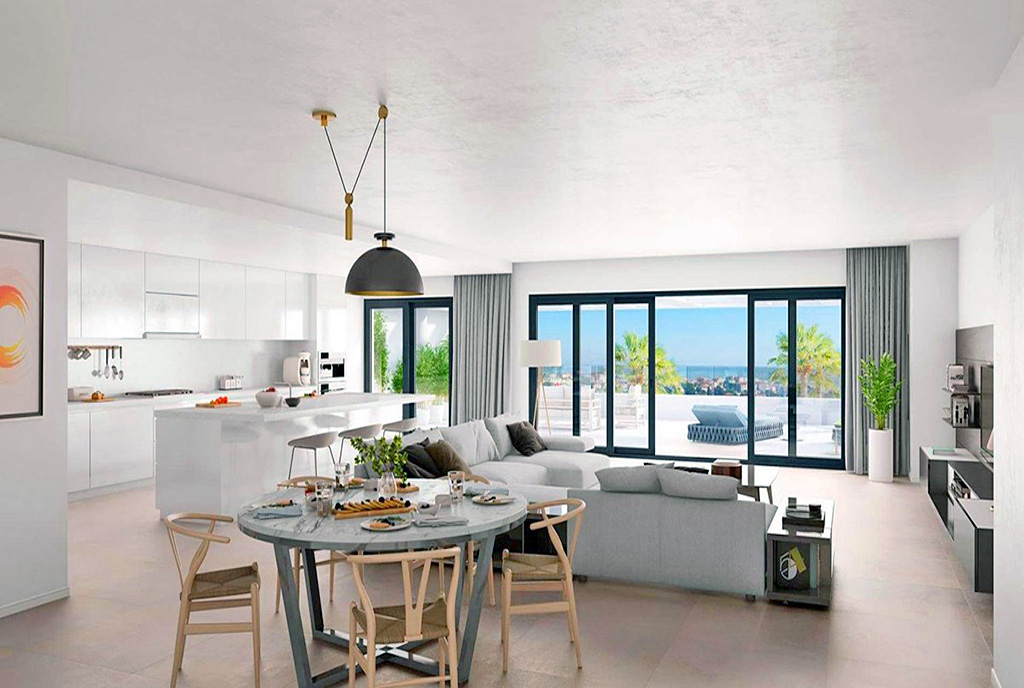 imponujący pokój dzienny w ekskluzywnym apartamencie do sprzedaży Hiszpania (Estepona)