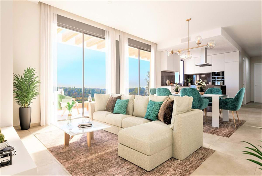 słoneczny salon w ekskluzywnym apartamencie do sprzedaży Hiszpania (Estepona)