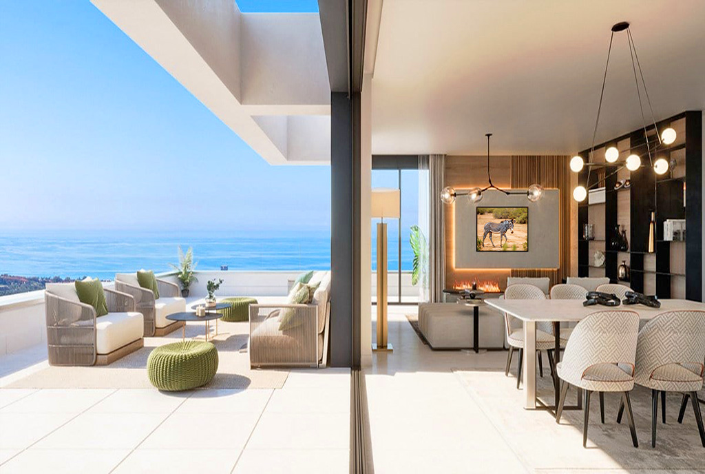 po lewej taras, po prawej salon w ekskluzywnym apartamencie do sprzedaży Hiszpania (Marbella)