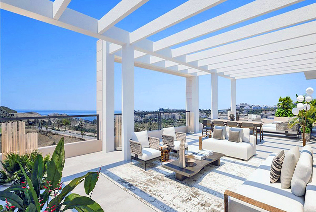 słoneczny taras przy luksusowym apartamencie na sprzedaż Hiszpania (Mijas)