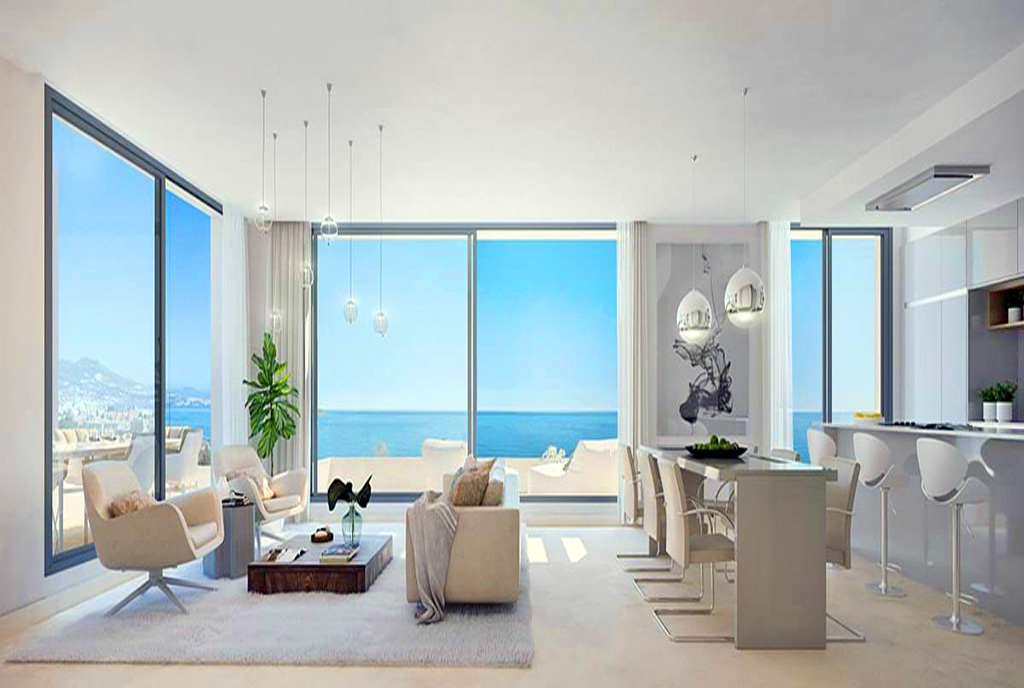 słoneczny salon w ekskluzywnym apartamencie do sprzedaży Hiszpania (Mijas)