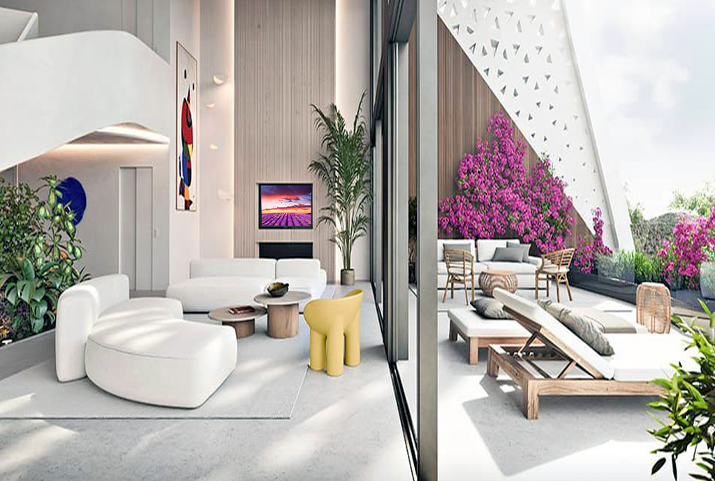 fragment salonu i tarasu przy ekskluzywnym apartamencie do sprzedaży Hiszpania (Sotogrande)