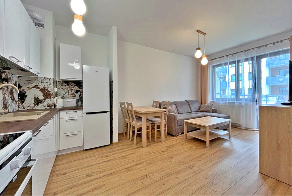 widok z kuchni na salon w luksusowym apartamencie do wynajmu Szczecin