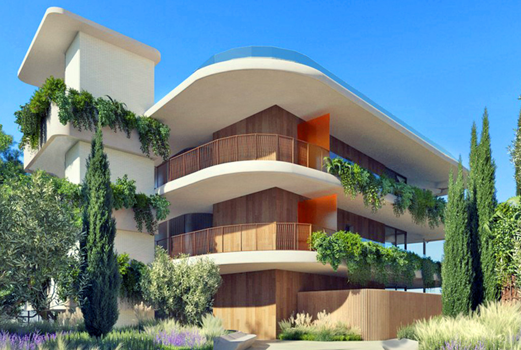 futurystyczna architektura budynku, gdzie mieści się oferowany do sprzedaży luksusowy apartament Hiszpania (Fuengirola)