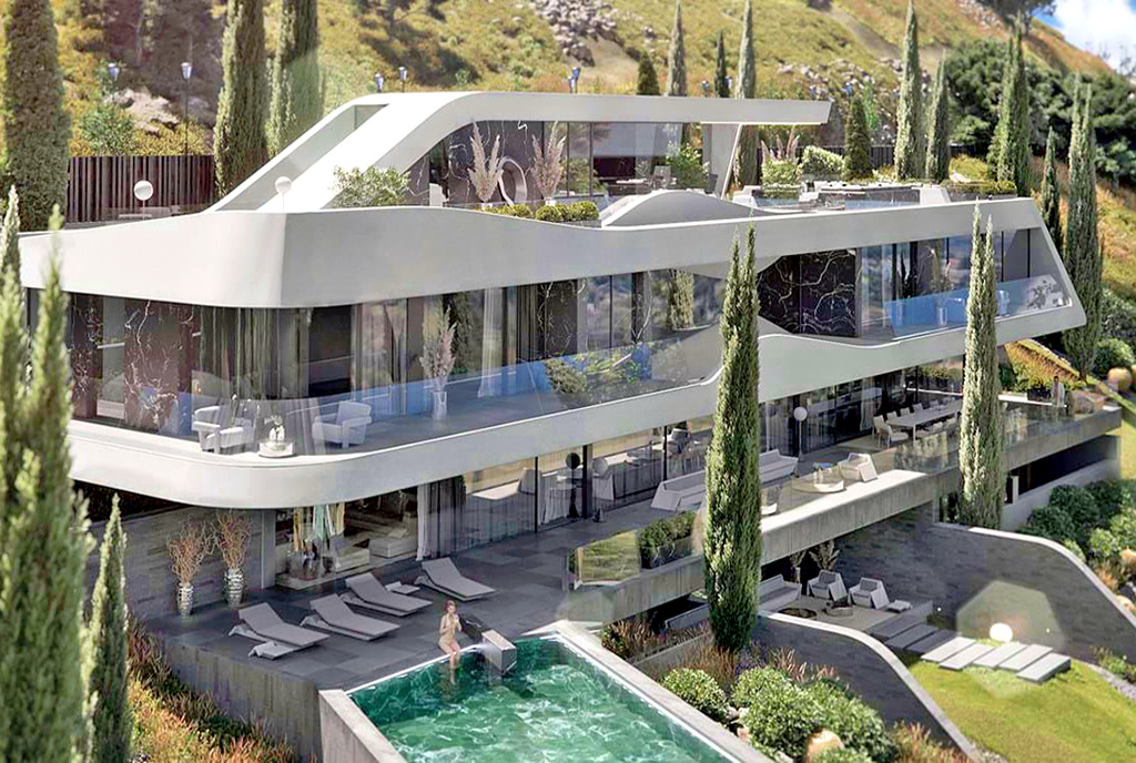 futurystyczna bryła ekskluzywnej willi do sprzedaży Hiszpania (Benahavís)
